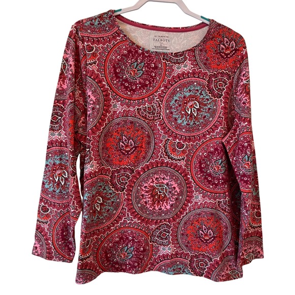Talbots Tee Plus Size 2X Long Sleeve Tee Paisley Medallion Print Red Pink Teal - Picture 1 of 4
